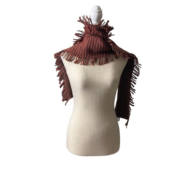 Brown & Orange 100% Irish Wool Reversible Dot Print /Stripe Print Frilly Scarf - Picture 5 of 9
